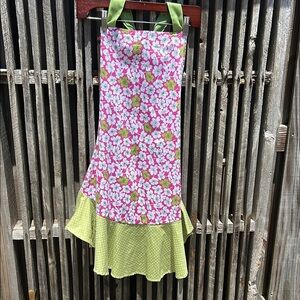 Laura Ashley chef apron hot pink green and white floral print 100% cotton 32”
